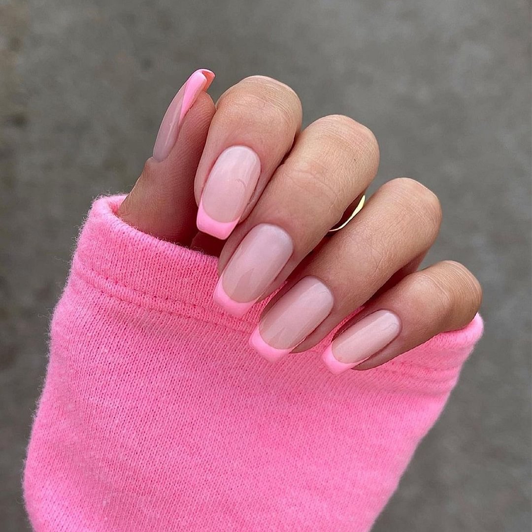 24pcs Detachable Pink French False Nails Wearable Fake Nails Full Cover Nail Tips Press On Nails Artificial Nail With Design