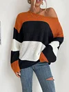Round-Neck Long Sleeve Loose Contrast Color Stripe Sweater