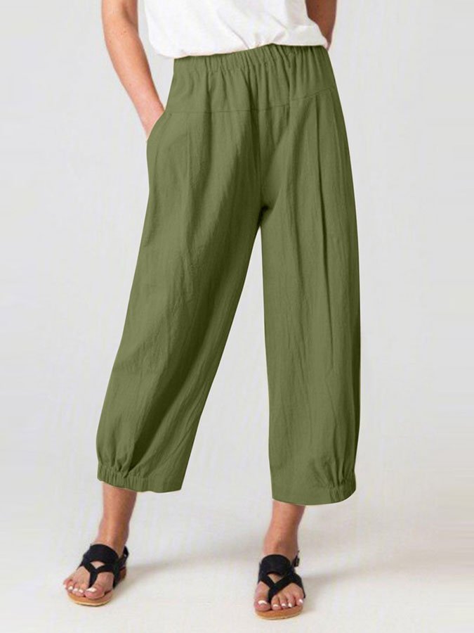 Solid Color Pocket Cotton Linen Casual Pants