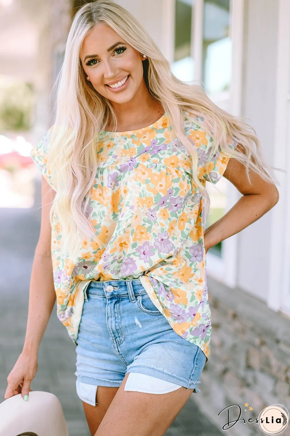 Printed Round Neck Cap Sleeve Blouse