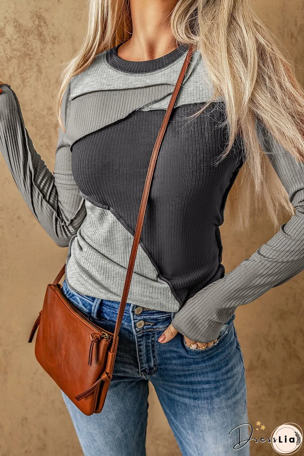 Color Block Exposed Seam Long Sleeve Top