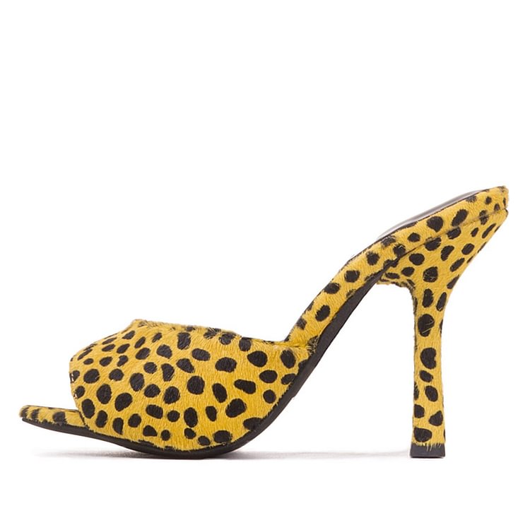 Mustard  Leopard Print Stiletto Heels Mule Sandals |FSJ Shoes