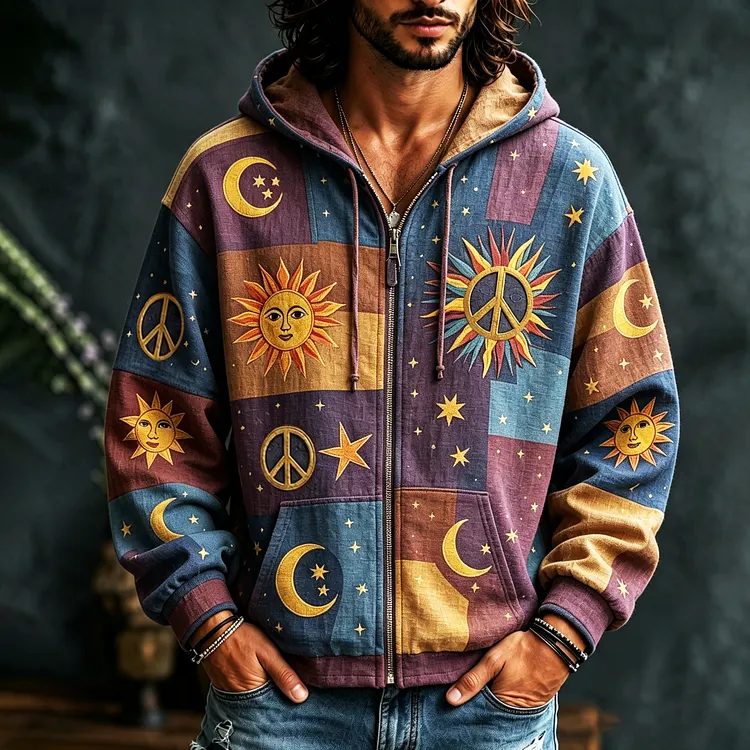 Men's Vintage Sun Moon Star Peace Sign Patchwork Art Cozy Warm Zipper Hoodie