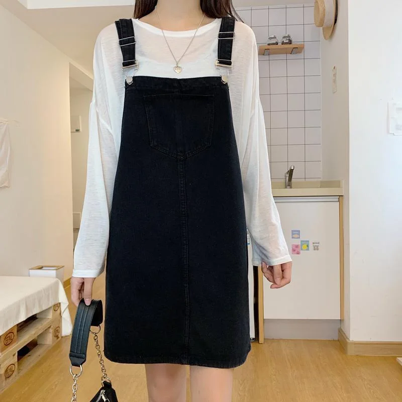 Dress Women Summer Denim Sundress Casual Loose Overalls Female Solid Adjustable Suspenders Korean Style All-match Fashion Chic