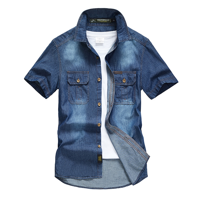 Mens Summer Retro Denim Shirts Mens Casual Straight Cotton Short Sleeve Jean Shirts Street Outdoor Cargo Plus Size Blue T-Shirt