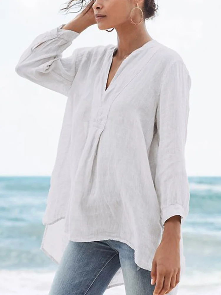 V Neck Pleated High Low Linen Blouse