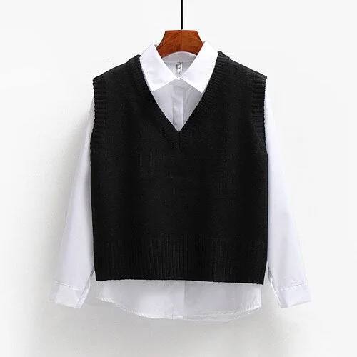 Sweater Vest Women V-neck Crop Top Solid Sleeveless Sweaters Womens All-match Vests Chic Fashion Korean Style Casual Teens New