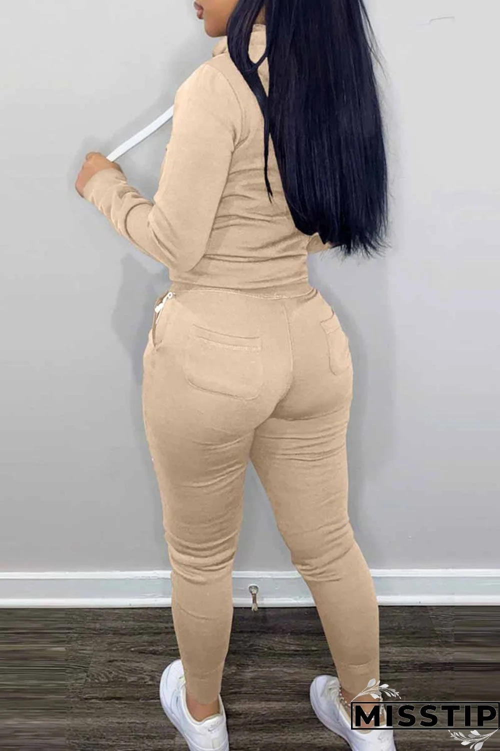 Khaki Elegant Print Letter Hooded Collar Long Sleeve Two Pieces