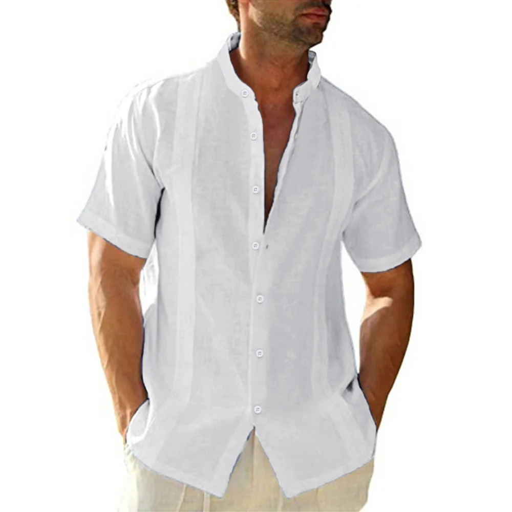Smiledeer Men's Casual Cotton Linen Stand Collar Short Sleeve Shirt