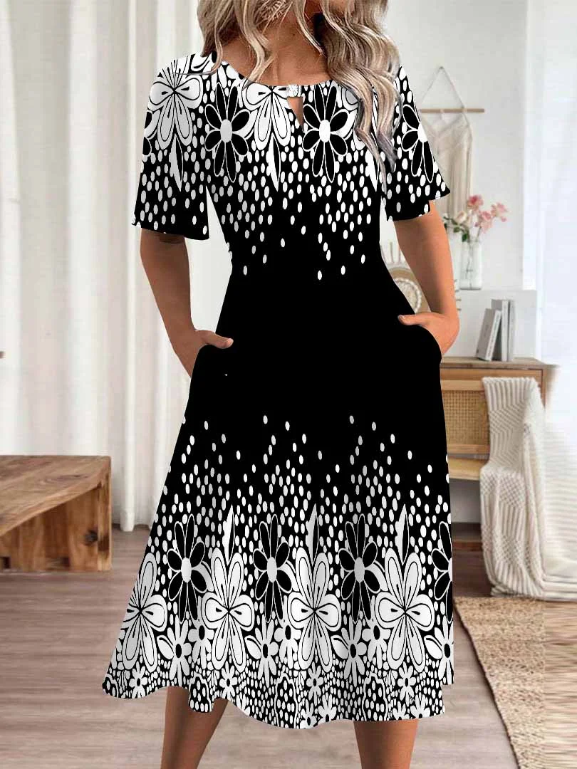 Women Floral,Black DZHA8356 Short Sleeve Scoop Neck Graphic Printed Hollow Midi Dress