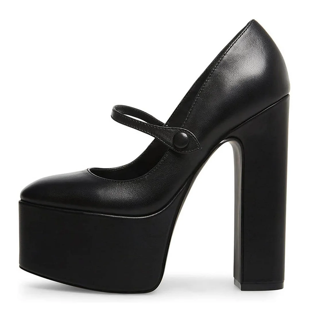 Classic Black Round Toe Chunky Heeled Mary Janes with Platform