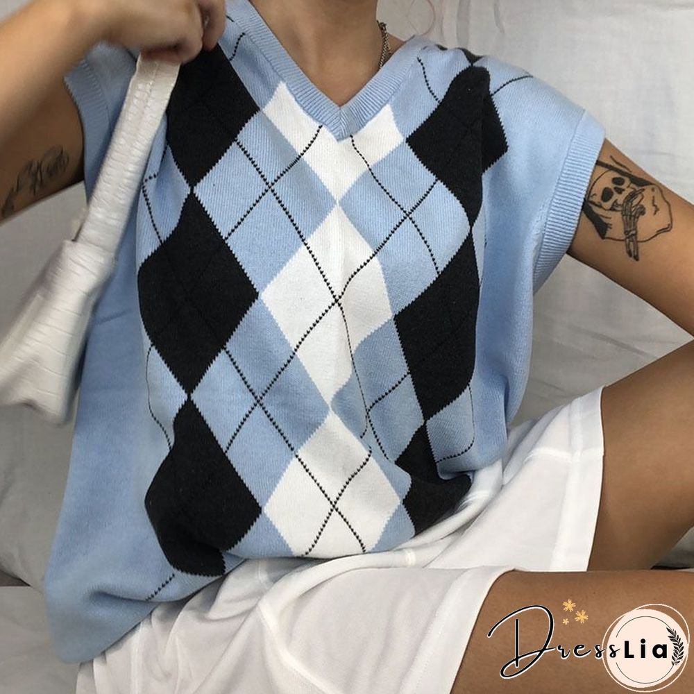 Checkered Cropped Knitted Tank Argyle Sleeveless Jumper