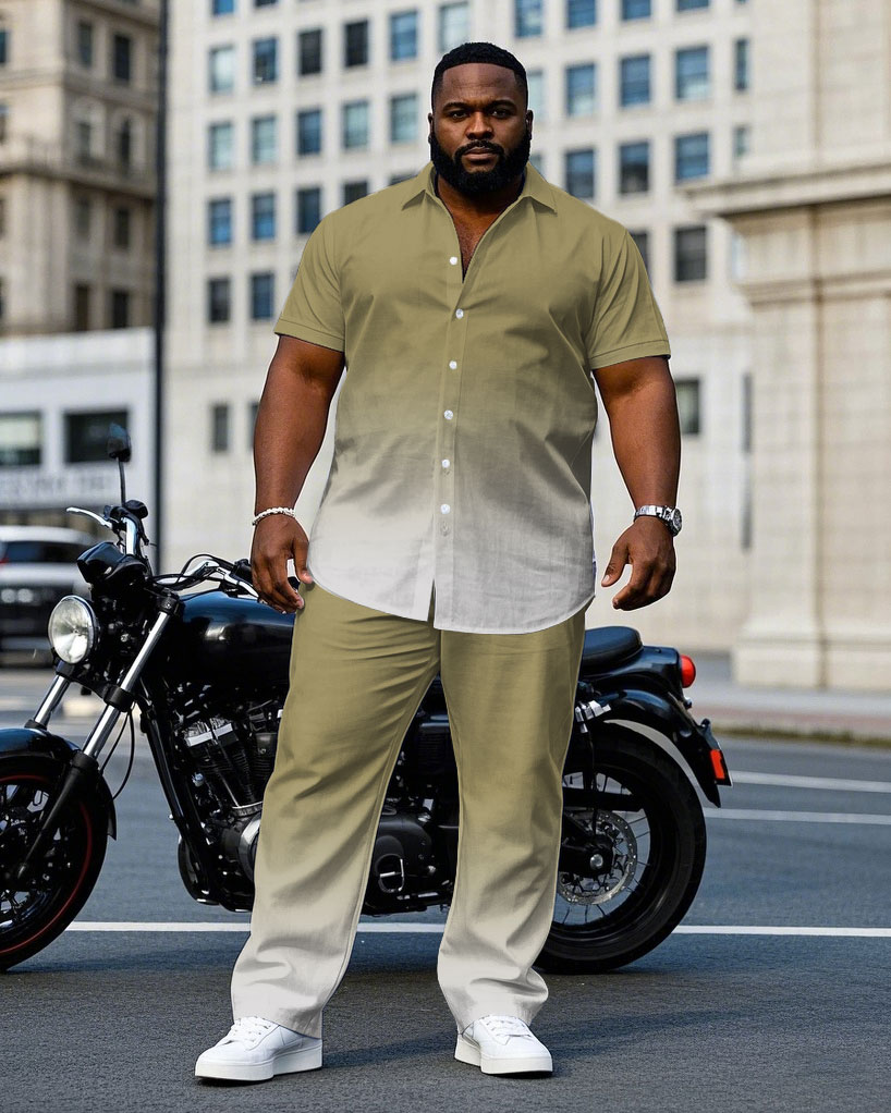 Men's Plus Size Fashion Khaki & White Gradient Short Sleeve Shirt Pants Suit