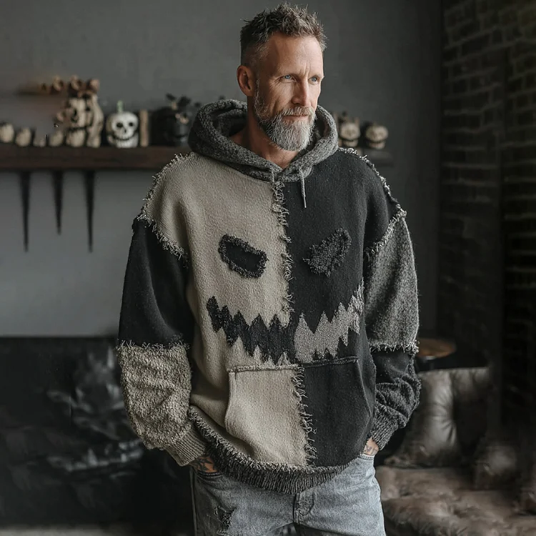 Men's Halloween Spooky Face Colorblock Stitched Hooded Cozy Knit Sweater