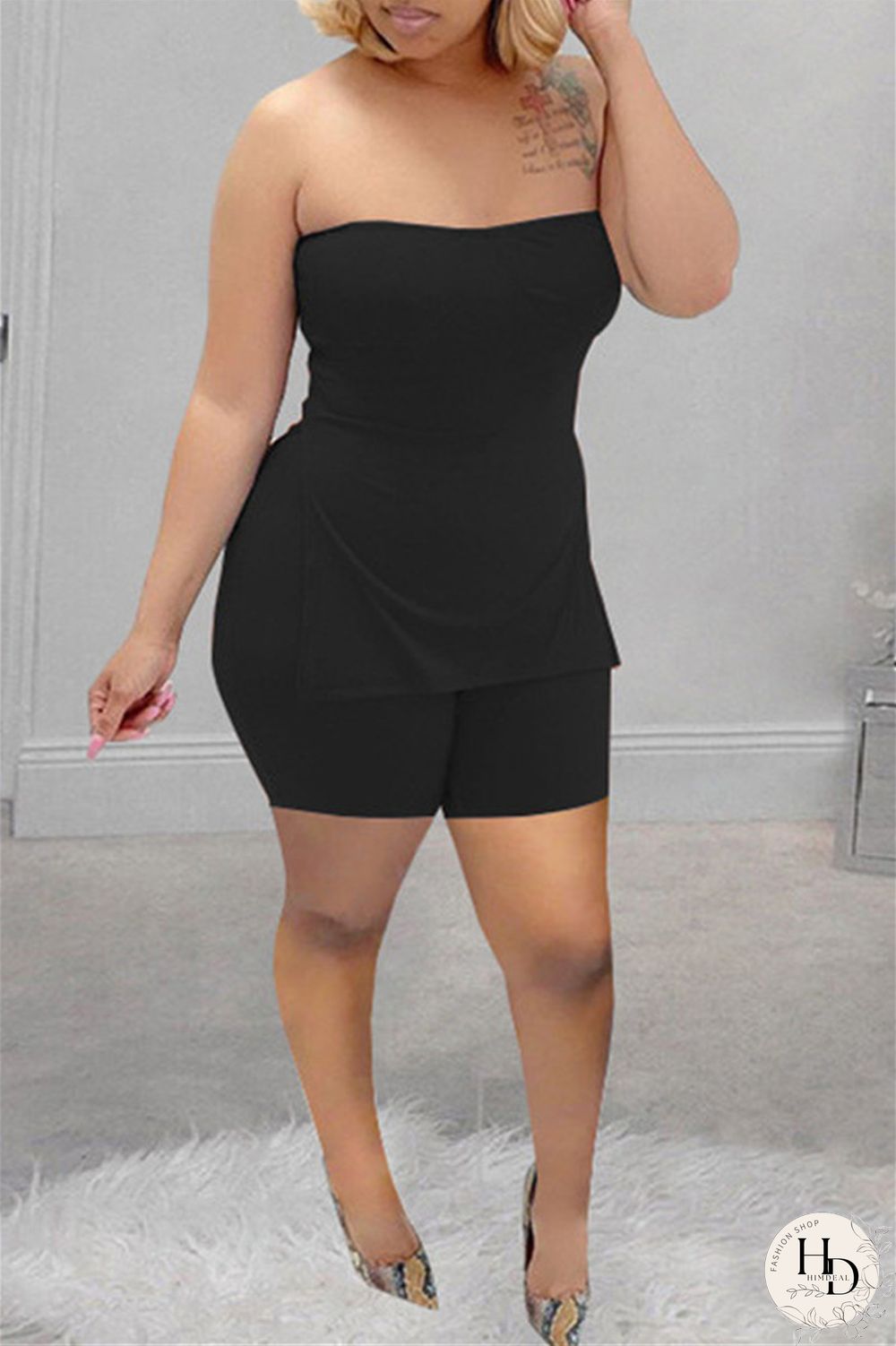 Coral Powder Sexy Casual Solid Backless Slit Strapless Sleeveless Two Pieces