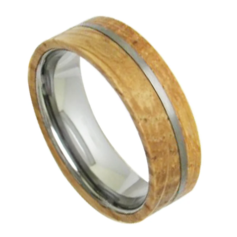 Silver Flat 1/3 Slot Yellow Tungsten Bands For Mens And Womens With Wine Barrel Wood Wedding Rings