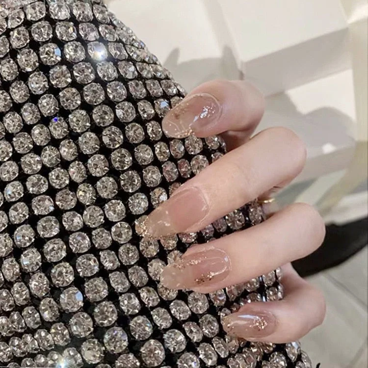 24pcs Fake Nails With Small Diamond Glue Type Long Paragraph Gradient Color Fashion Manicure Patch False Nails Press On Coffin D-Nail Inspo