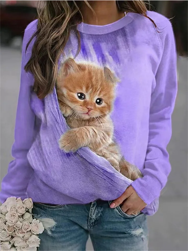 Animal Loose Cats 3D Digital Printing Long-sleeved Round Neck Sweater Female Blue Purple Pink-Cosfine