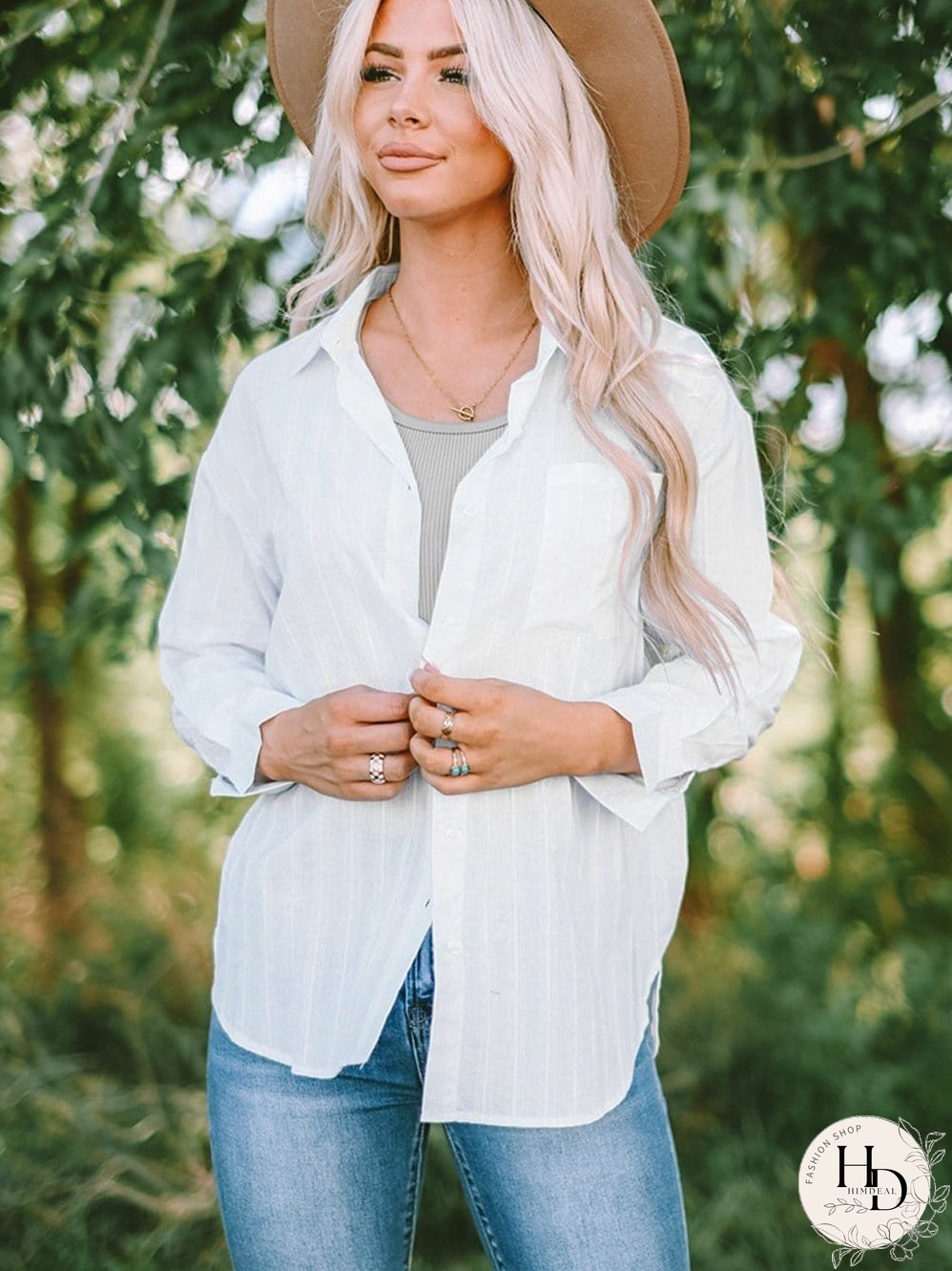 Simple Solid Lapel Button Long Sleeve Blouses