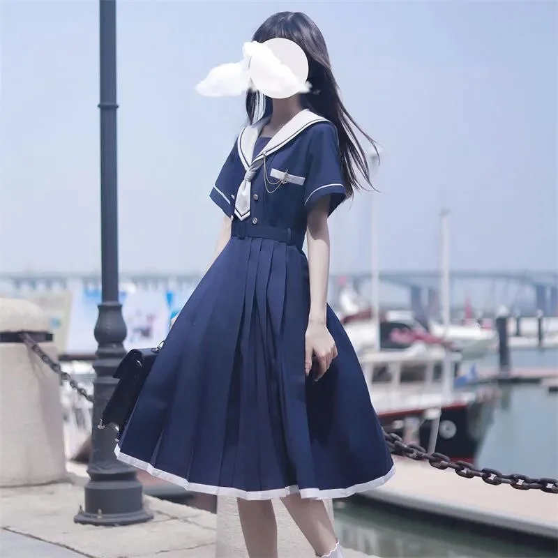 Brownm Japanese Sailor Collar Y2k Dress Mid Length A-Line Slim Waist Pleated Dresses Preppy Style Sweet Women Summer Vestido