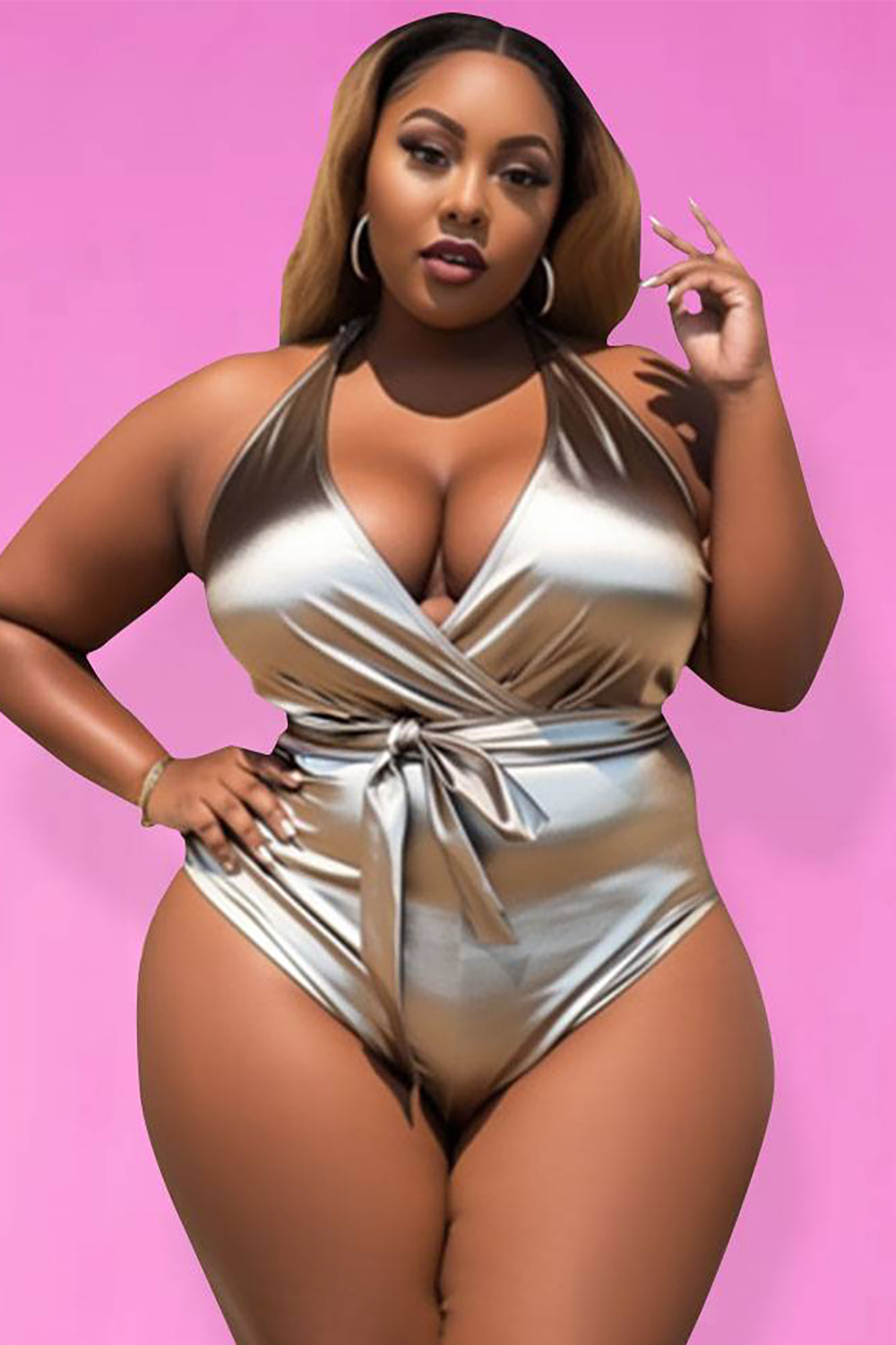 Design Plus Size Beach Silver Wrap Neck Swimsuit Fabric One Pieces Swimwear [Pre-Order]