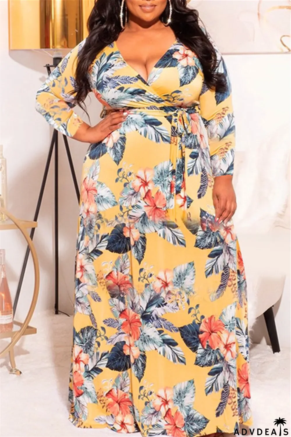 Leopard Print Fashion Casual Plus Size Print With Belt V Neck Long Sleeve Dresses