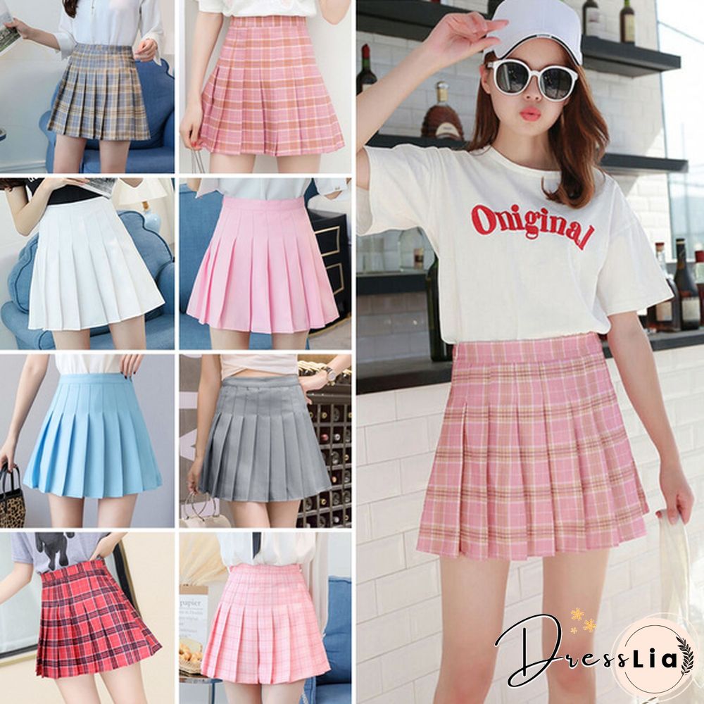 Women Girls High Waisted Plain Pleated Skirt Skater Tennis School Uniforms A-Line Mini Skirt Lining Shorts