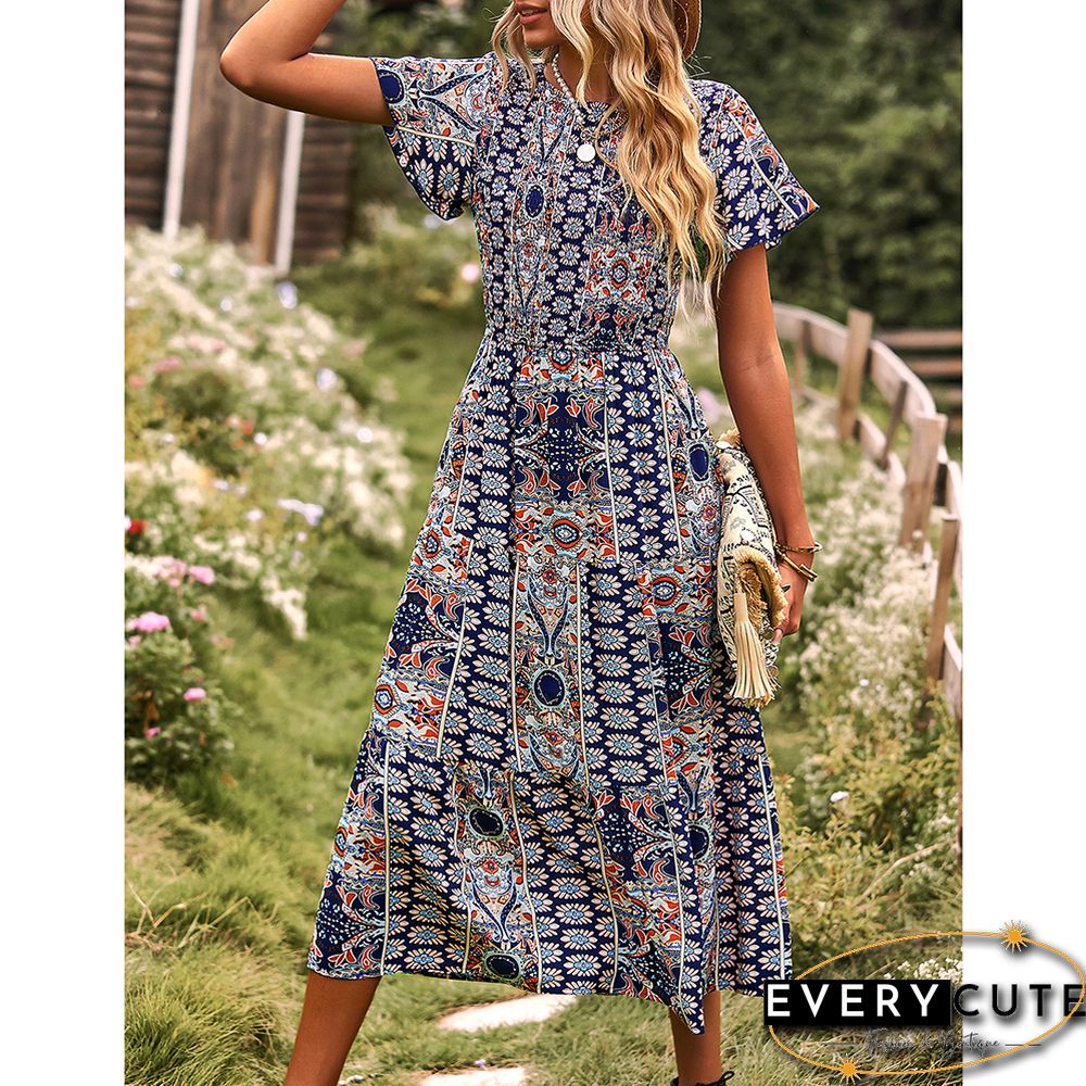 Navy Blue Bohemia Print Pleated Woven Casual Dress