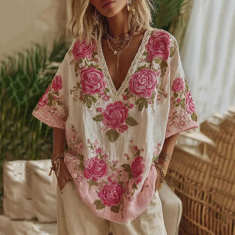 Utbros Women's Vintage Floral Gradient Art V Neck Linen Comfy T-shirt