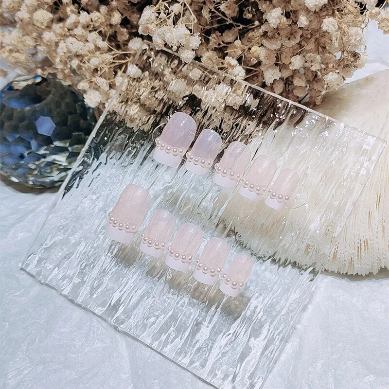 24PCS Fake Nail Exqusite Pearl Decor Girls Mid Length Coffin Ballet Press On Nails Full Cover Fake Nail Long Paragraph Fake Nail-Nail Inspo