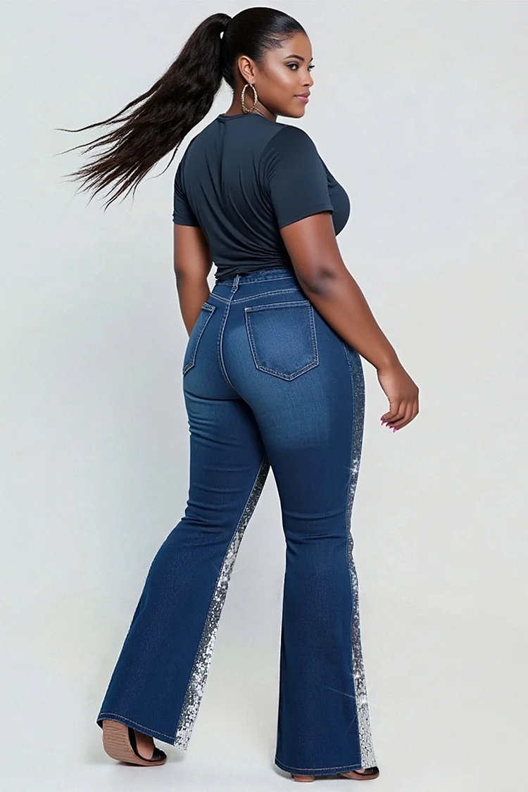 Xpluswear Design Plus Size Daily Blue Sequin Casual Contrast Denim Jeans [Pre-Order]