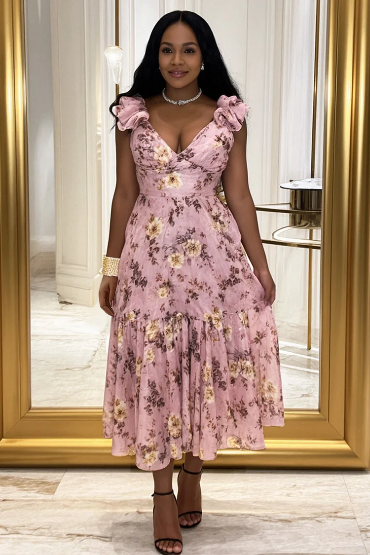 V Neck Rosette Floral Print Cinched Vacation Midi Dresses-Pink [Pre Order]