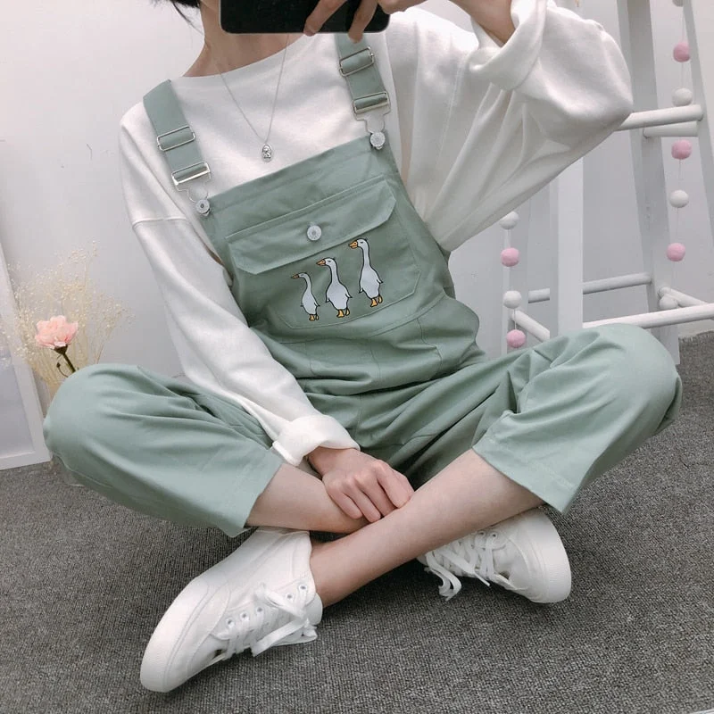 Jumpsuits Women Popular Strap Playsuits Students Korean Style Womens New BF Slim Cartoon Kawaii Pocket Ankle-Length Leisure Chic