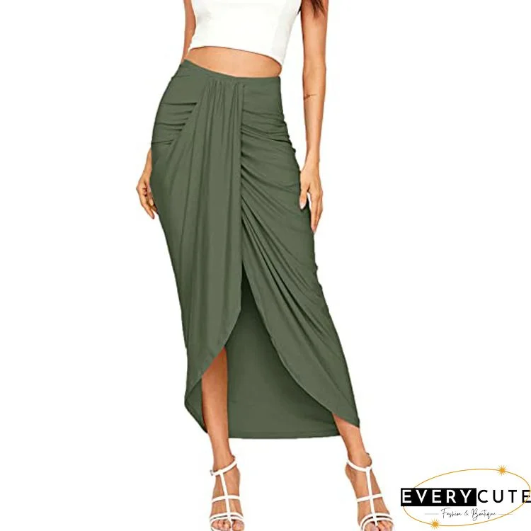 Khaki High Waist Pleated Front Wrap Pencil Skirt