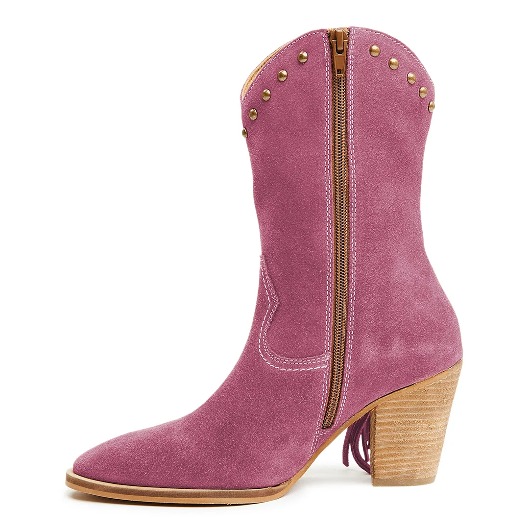 Magenta Vegan Suede Fringe Chunky Heel Western Boots for Women