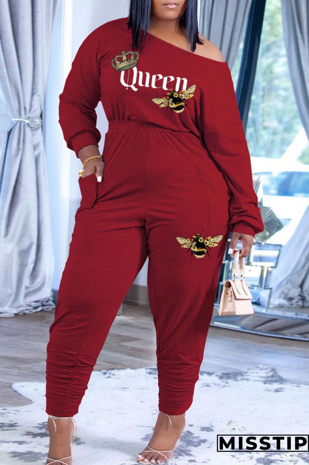 Black Casual Print Patchwork Oblique Collar Long Sleeve Two Pieces