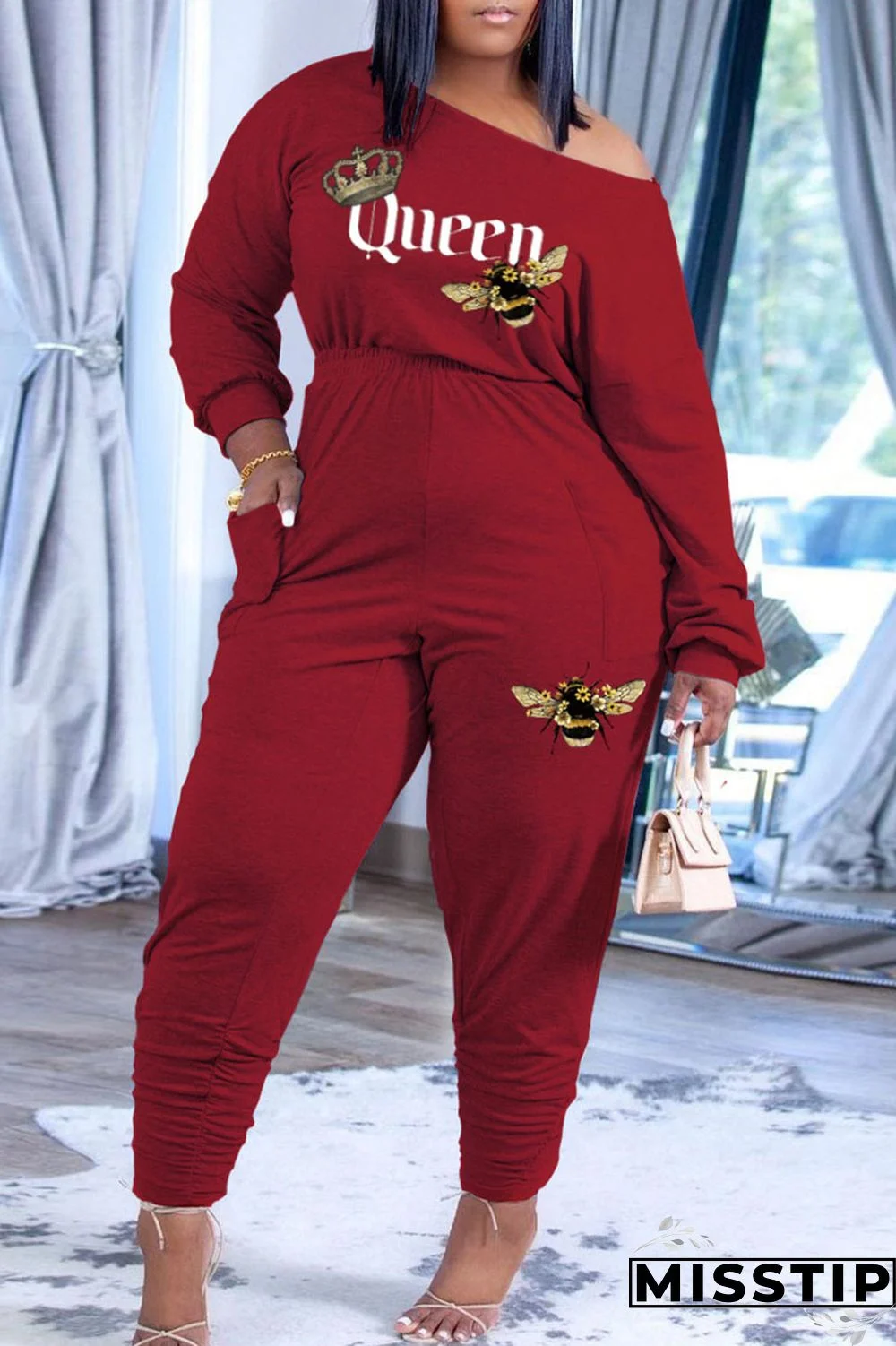 Black Casual Print Patchwork Oblique Collar Long Sleeve Two Pieces