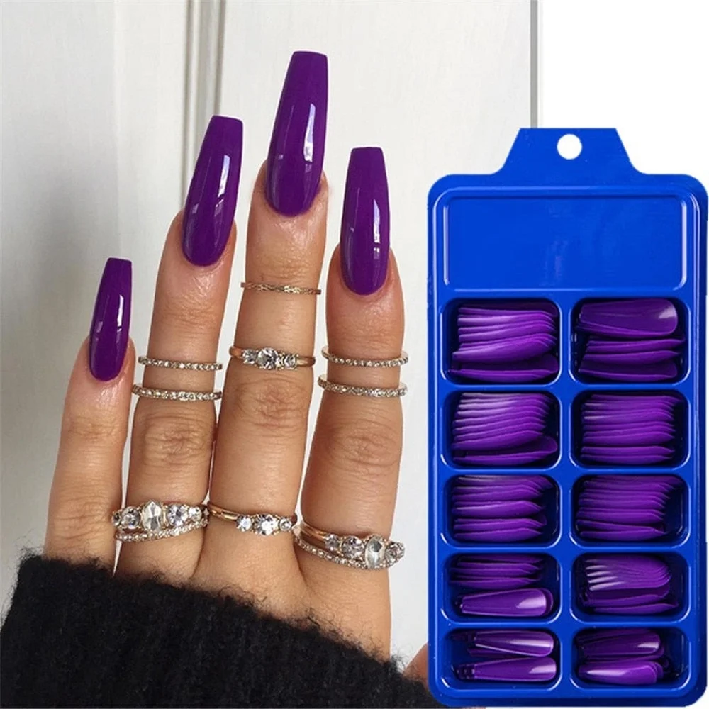100Pcs Colorful Acrylic False Long Coffin Nails Fake Nails Flat Shape Art Tips Natural Full Cover Fake Nail Tips Manicure Tools-Nail Inspo