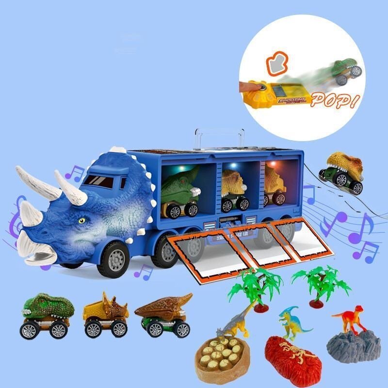 Dinosaur Toy Triceratops Truck with Pull Back Cars and Figures Storage Carrier Truck