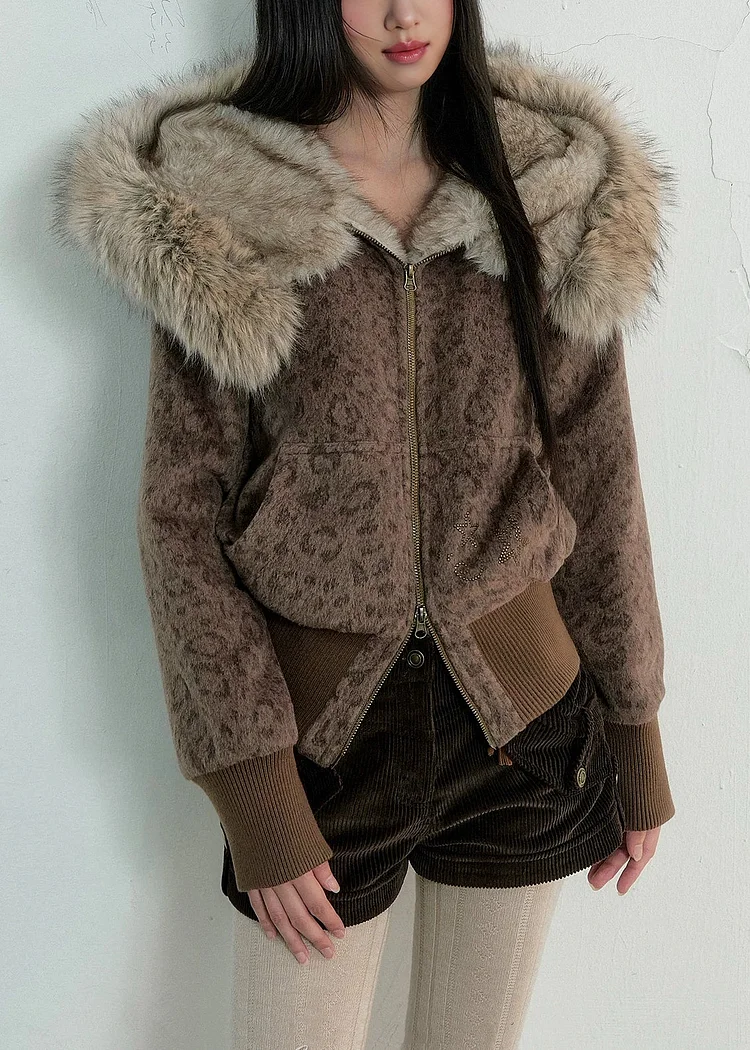 Unique Leopard Hooded Zippered Pockets Woolen Coats Winter