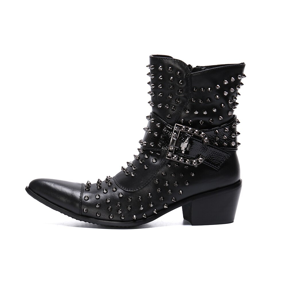Punk Rivets Leather Men Short Boots Mid Heel Increase Height Pointed Toe Motorcycle Boots