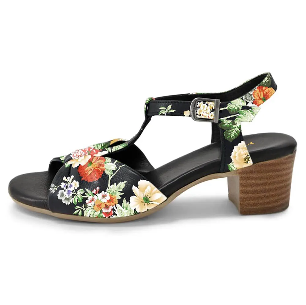 Multicolor Open-Toe Flower Print Low Heel Sandals with T-Strap