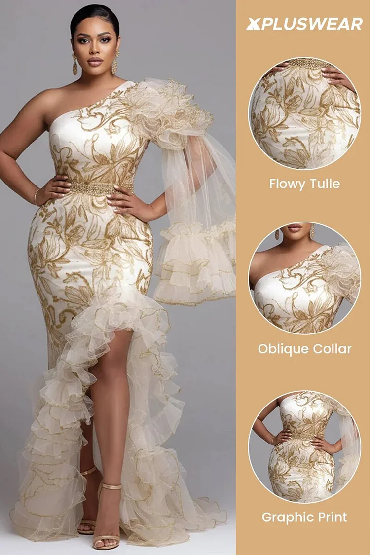 Xpluswear Design Plus Size Formal Gold Graphic One Shoulder Split Elegant Ruffle Tulle Maxi Dresses - Xpluswear.com Xpluswear Design Plus Size Formal Gold Graphic One Shoulder Split Elegant Ruffle Tulle Maxi Dresses - Xpluswear.com