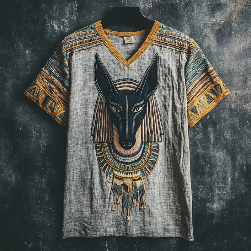 Ancient Egyptian Anubis Art Embroidered Linen Shirt