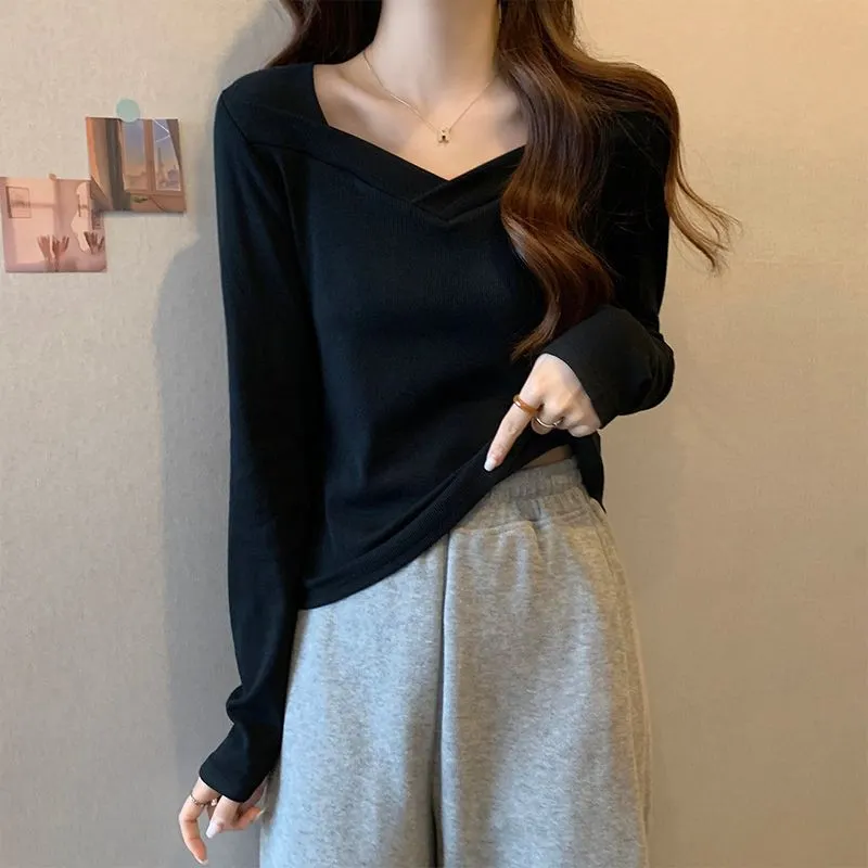 Brownm Brownm New Fall Of 2024 Wears A V-Neck Bottom Shirt With A Female Design Long-Sleeve T-Shirt Students Slim German Velvet Jacket