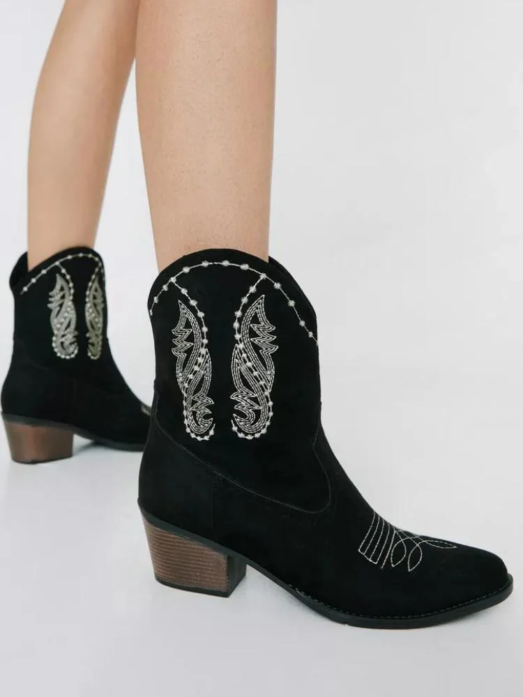 Heelchic Black Embroidery Wide Calf Cowboy Booties