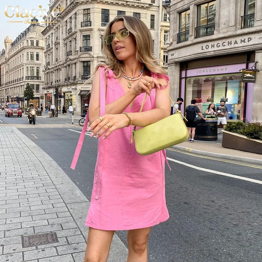 Clacive Sexy V-Neck Pink Women'S Dress 2022 Summer Casual Sleeveless Office Mini Dress Fashion Loose Lace-Up Female Dress