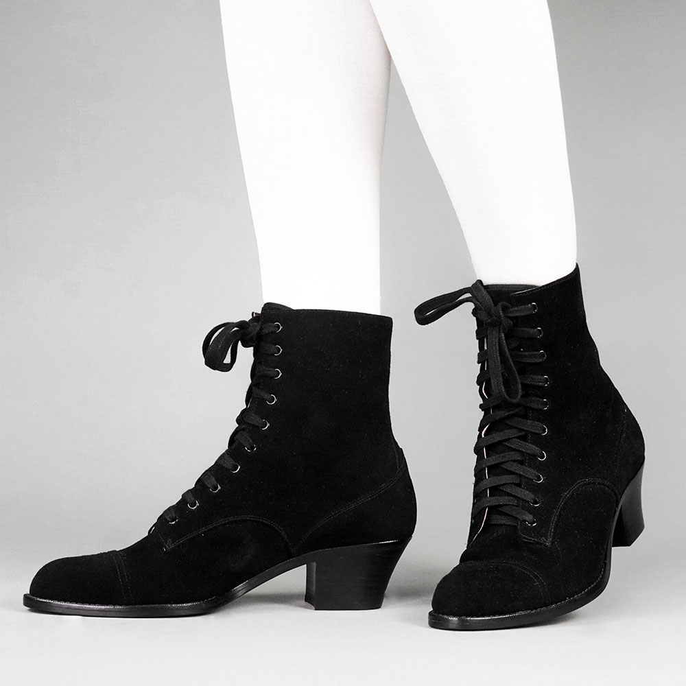 Black Vegan Suede Almond Toe Chunky Heeled Ankle Boots with Lace-Up Nicepairs