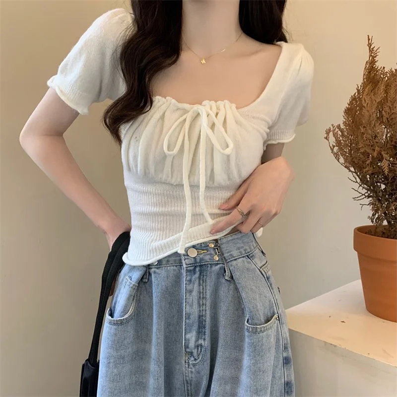 Uveng Uveng With Drawstring T-Shirt For Girls Summer New Retro French Style Collar Temperament Collar Collar Short Sleeve Top In Fashion