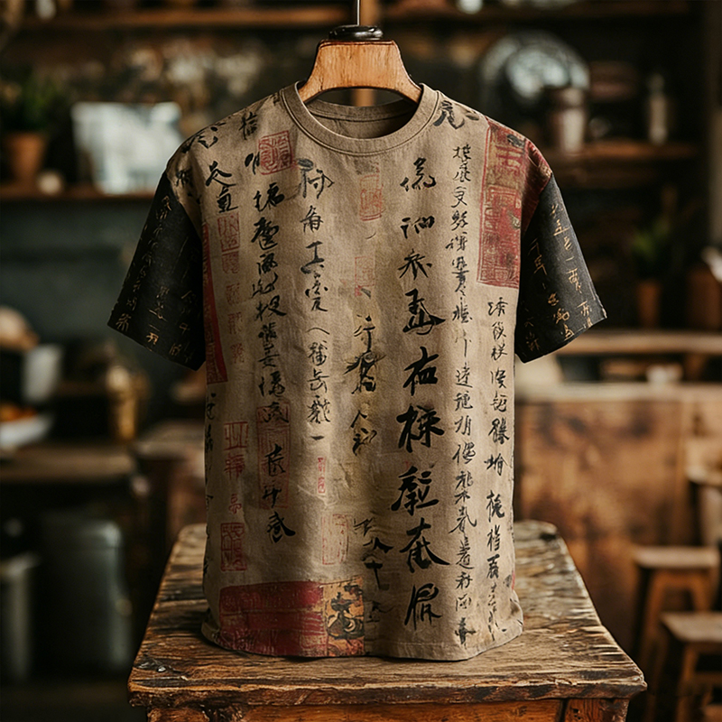 Men's Retro Calligraphy Art Pattern Casual T-shirt  artssus